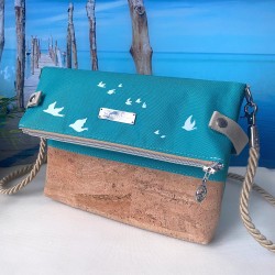 Fold-Over Bag *birds* white/turquoise/cork...