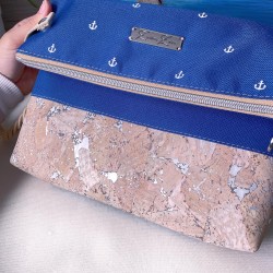 Fold-Over Tasche *Anker* Weiß/Meeresblau/Kork Natur (mit Silber Effekt)