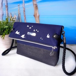 Fold-Over Bag *birds* white/night blue/cork black