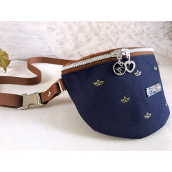Fanny Pack paper ship -gold/night blue/faux leather cognac-