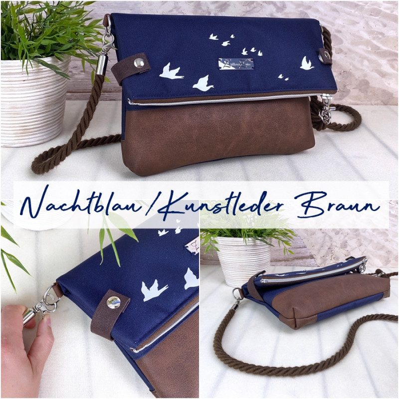 Fold-Over Bag birds -white/night blue/faux leather brown-