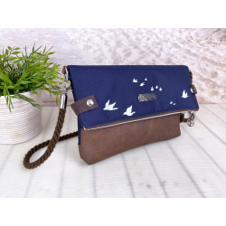 Fold-Over Bag birds -white/night blue/faux leather brown-