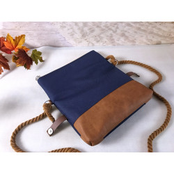 Fold-Over Bag paper ship -gold/night blue/faux leather cognac-