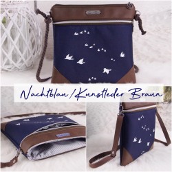 Zip bag -birds white/night blue/faux leather...