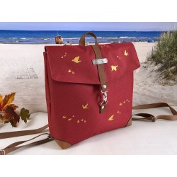 Backpack -birds gold/crimson/faux leather cognac-