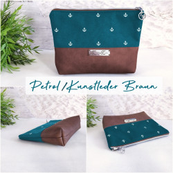 cosmetic bag -anchor white/petrol/brown faux...