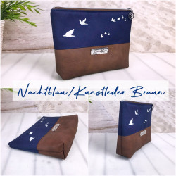 cosmetic bag -birds white/night blue/brown faux...