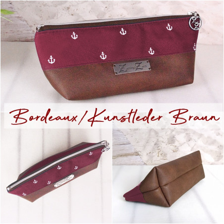 pencil case -anchor white/bordeaux/brown faux leather-