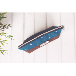 pencil case -anchor white/petrol/brown faux leather-