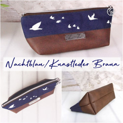 pencil case -birds white/night blue/brown faux...