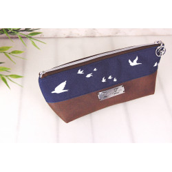 pencil case -birds white/night blue/brown faux leather-