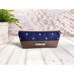 pencil case -anchor white/night blue/brown faux leather-