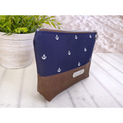 cosmetic bag -anchor white/night blue/brown faux leather-