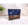 cosmetic bag -birds white/night blue/brown faux leather-