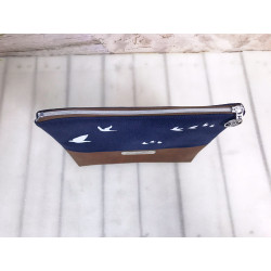 cosmetic bag -birds white/night blue/brown faux leather-