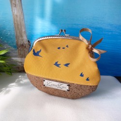 Clip wallet *birds* navyblue/yellow/cork cognac