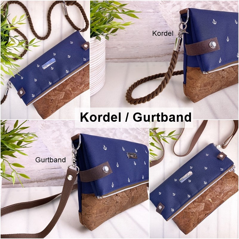 Fold-Over Tasche *Vögel* Weiß/Türkis/Kork Hellbraun