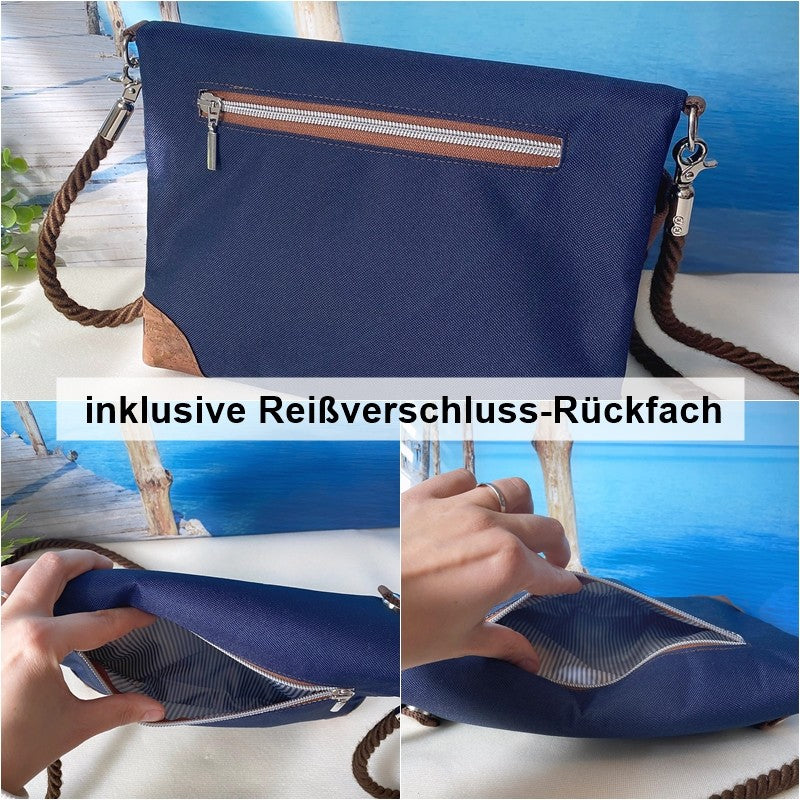 Fold-Over Tasche *Vögel* Weiß/Türkis/Kork Hellbraun