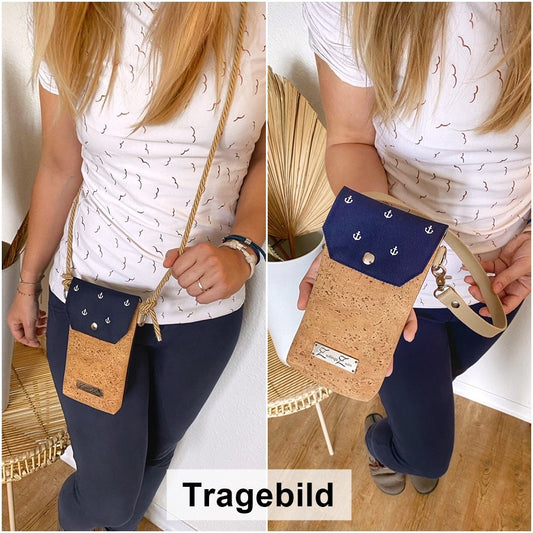 Handytasche *Vögel* Weiß/Nachtblau/Kork Cognac