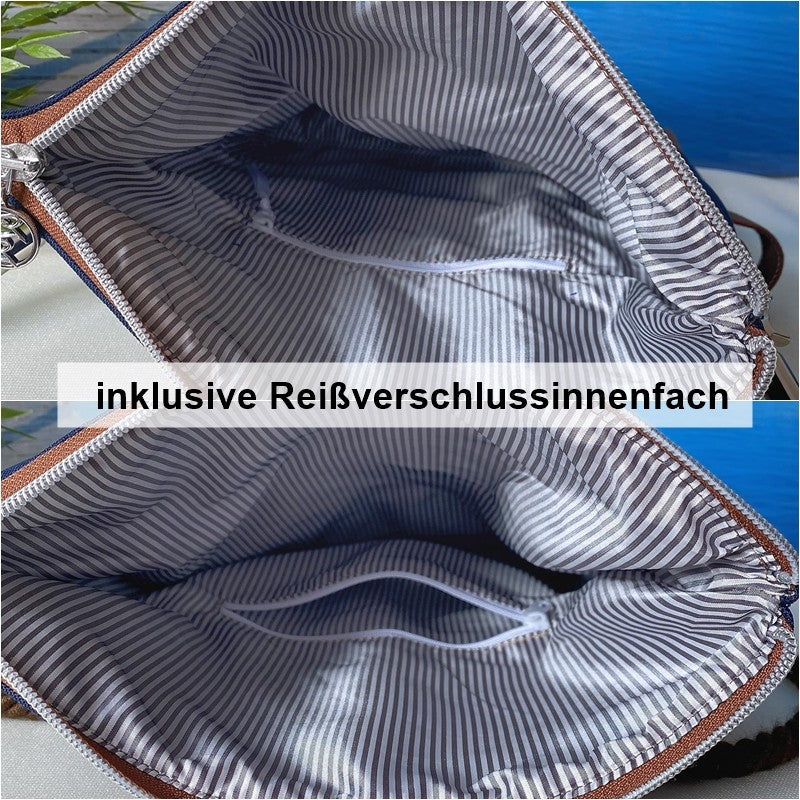 Fold-Over Tasche *Vögel* Weiß/Bordeaux/Kork Natur (mit Silber Effekt)