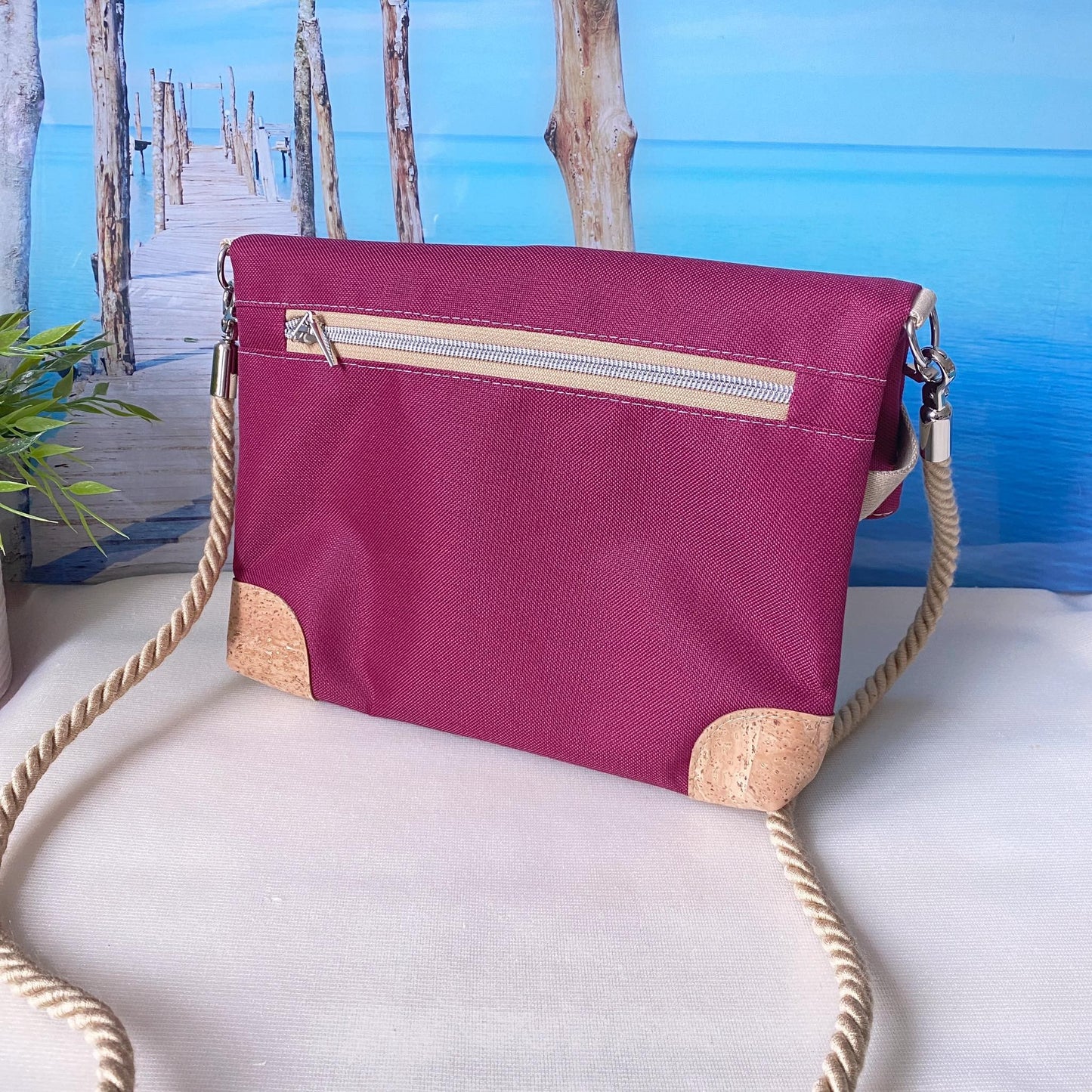 Fold-Over Tasche *Anker* Weiß/Magenta/Kork Hellbraun