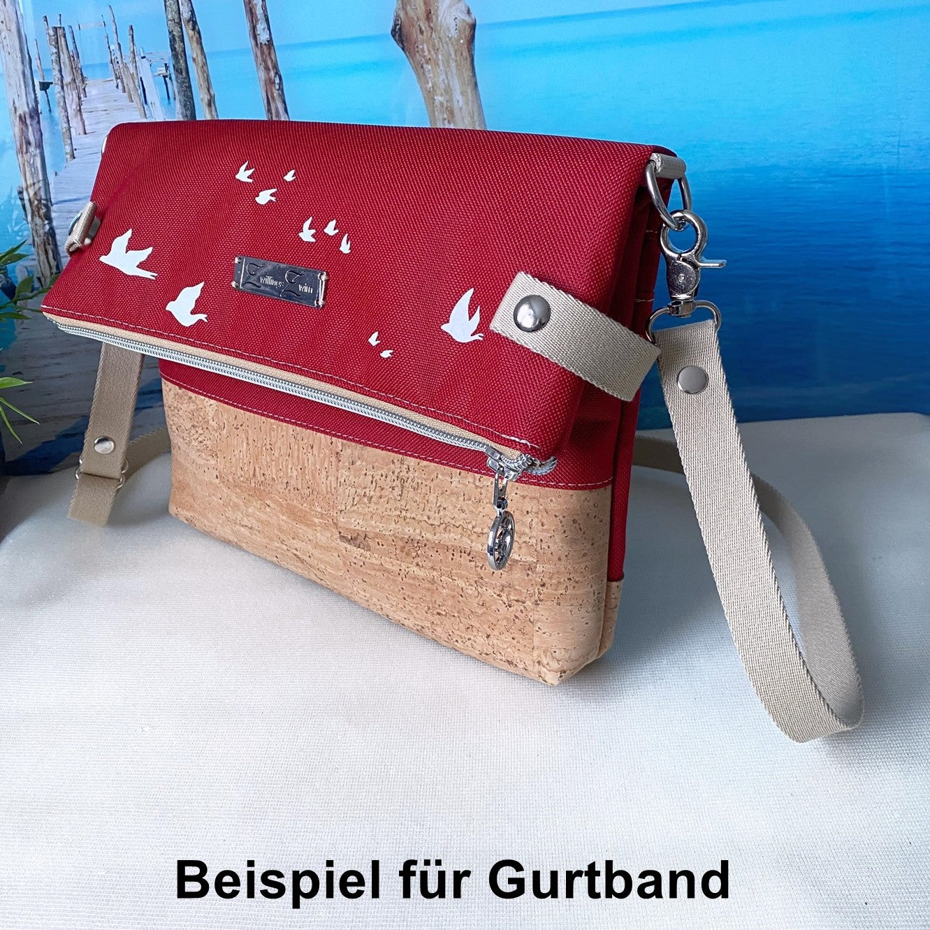 Fold-Over Tasche *Papierboot* Weiß/Rot/Kork Hellbraun