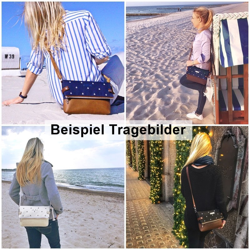 Fold-Over Tasche *Vögel* Navyblau/Sand/Kork Hellbraun