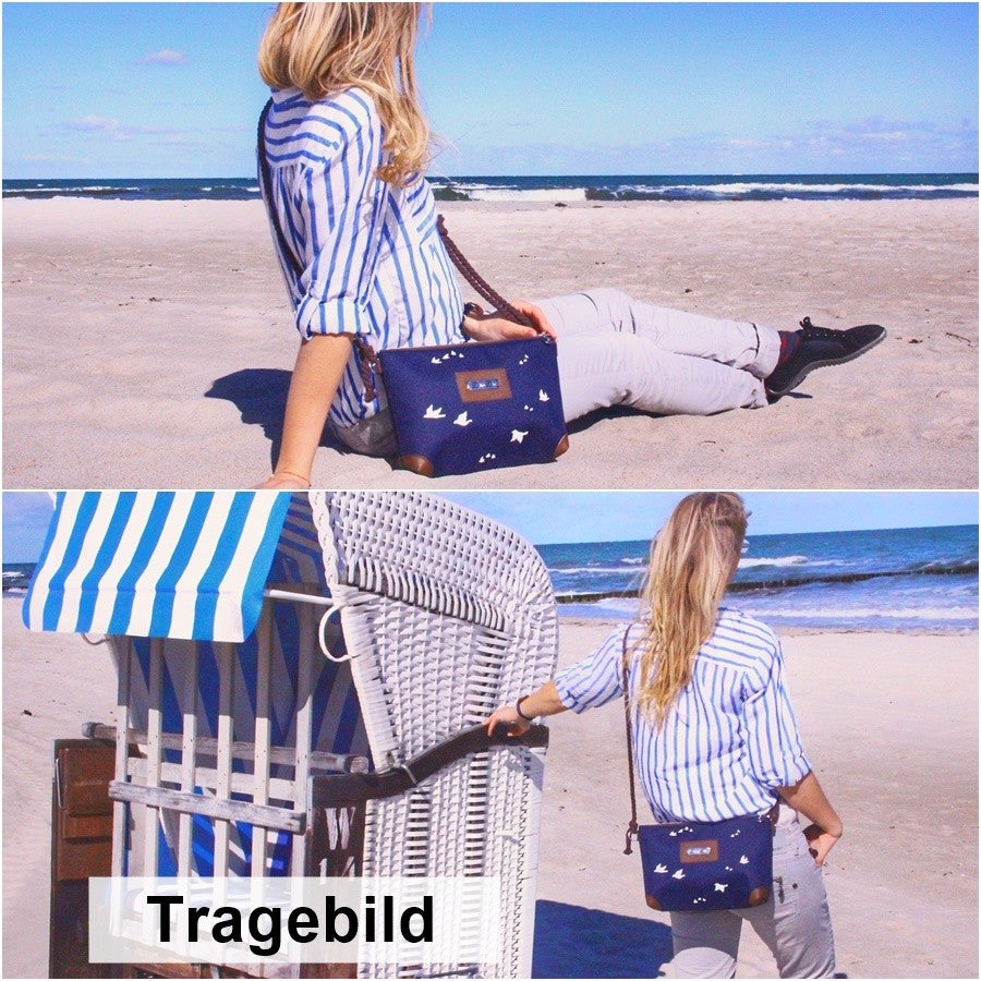 Allround Tasche *Vögel* Weiß/Nachtblau/Kunstleder Braun