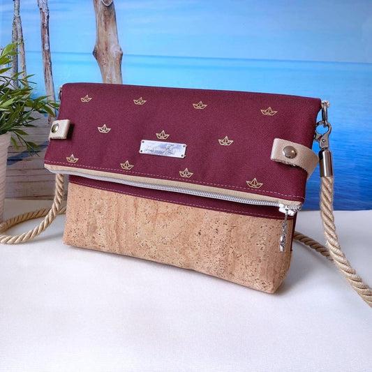 Fold-Over Tasche *Papierboot* Gold/Bordeaux/Kork Hellbraun