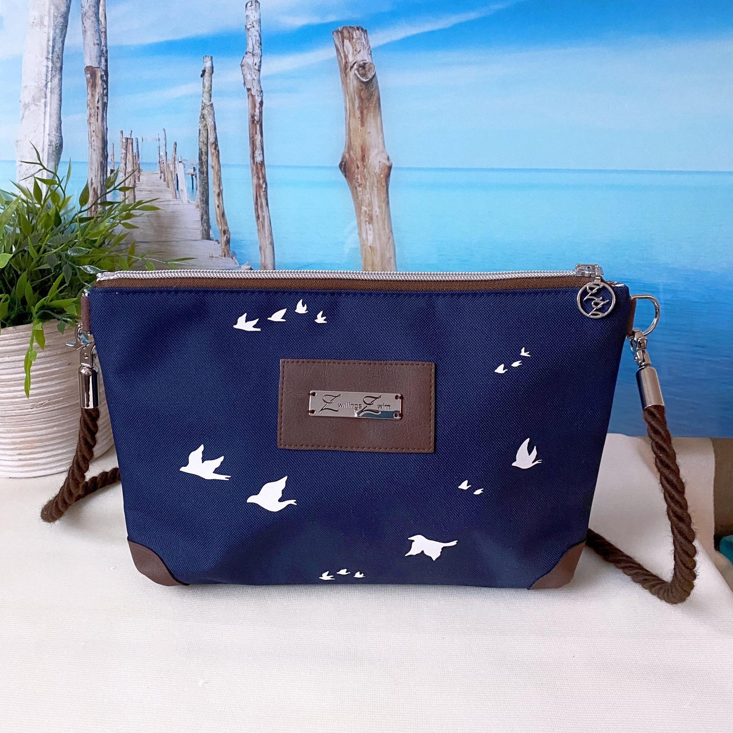 Allround Tasche *Vögel* Weiß/Nachtblau/Kunstleder Braun