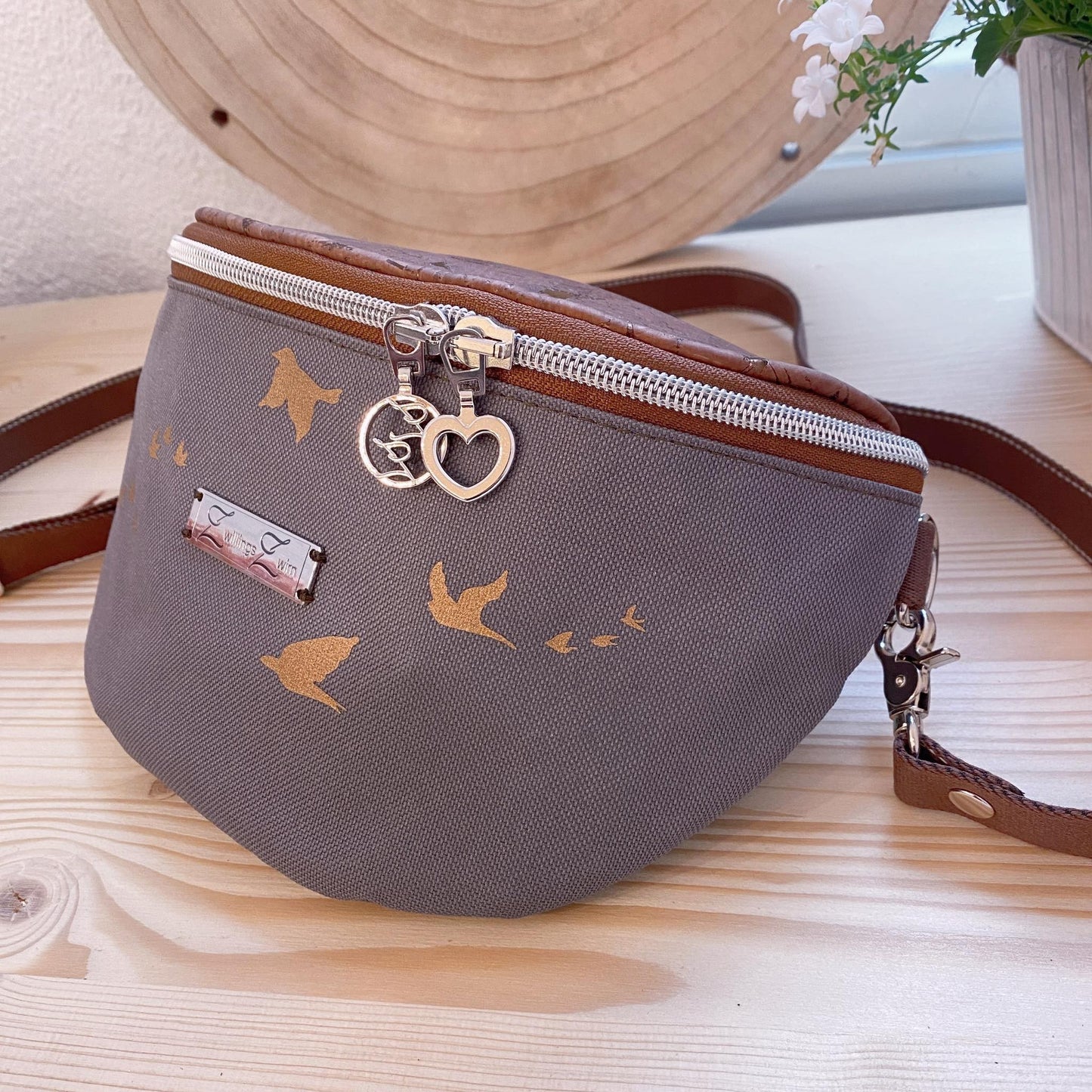 Bauchtasche *Vögel* Kupfer/Anthrazit/Kork Braun Bronze