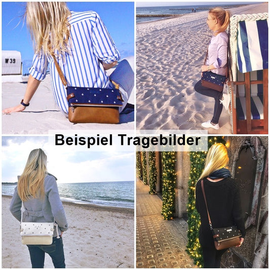 Fold-Over Tasche *Anker* Weiß/Meeresblau/Kork Hellbraun