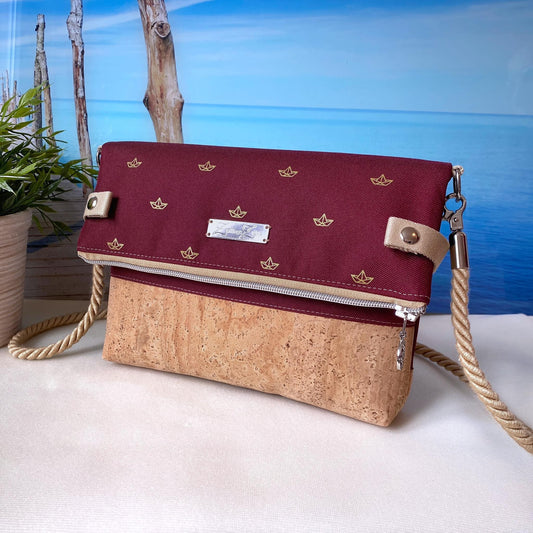 Fold-Over Tasche *Papierboot* Gold/Bordeaux/Kork Hellbraun